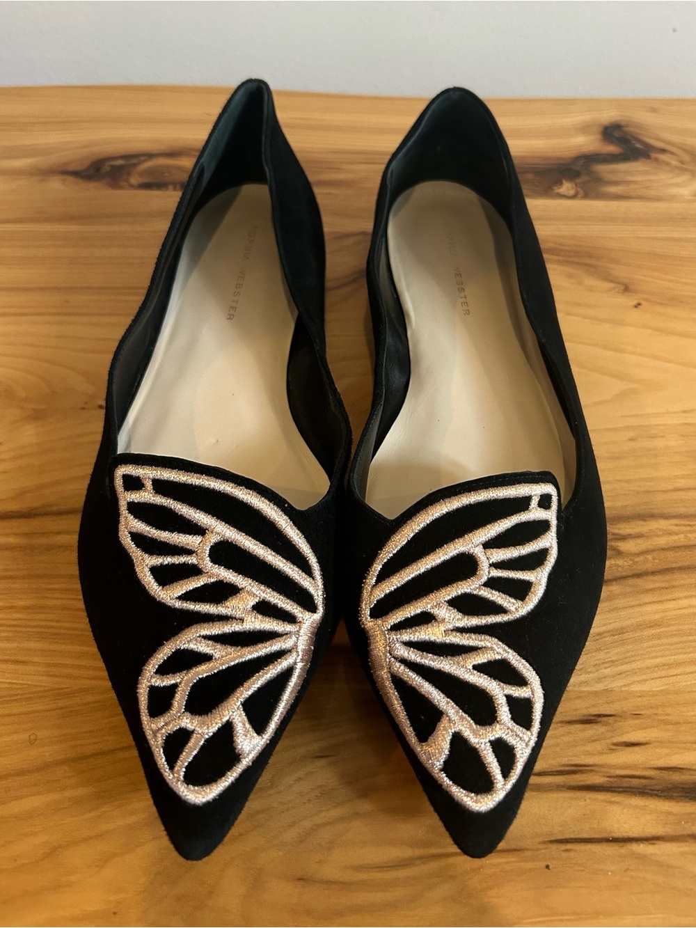 Sophia Webster Bibi Butterfly Suede Flats, Black And Rose Gold, Size 40